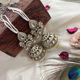 Vriksham Devika Kundan White Stone Tops With Pearl Strings & Mirror Dome Jhumka With Earchain-G20163